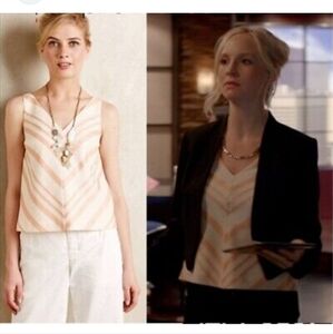 HD in Paris‎ Linen Blend Sleeveless Lined Crop Peach Cream V Neck Stripe Size 0